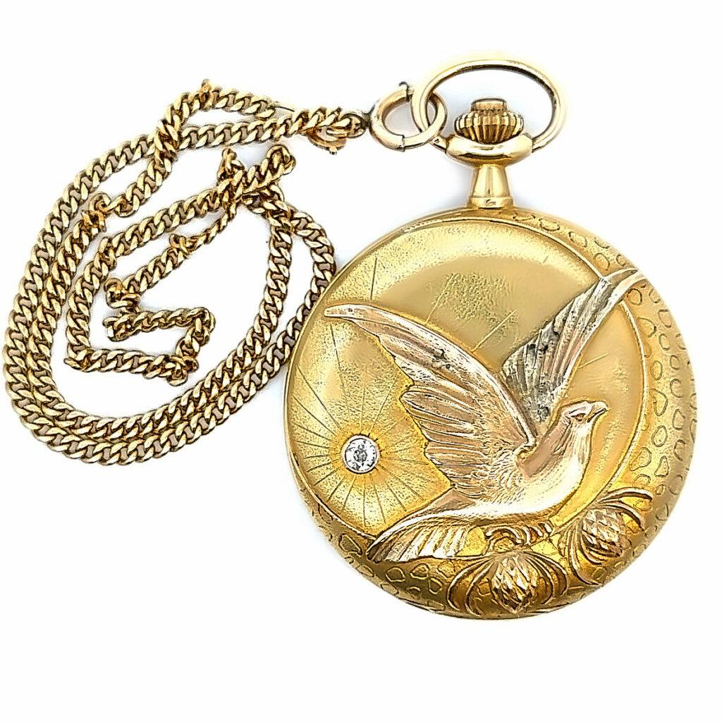 Unique 18K Yellow Gold Antique Pocket Watch with Bird Design & Chain