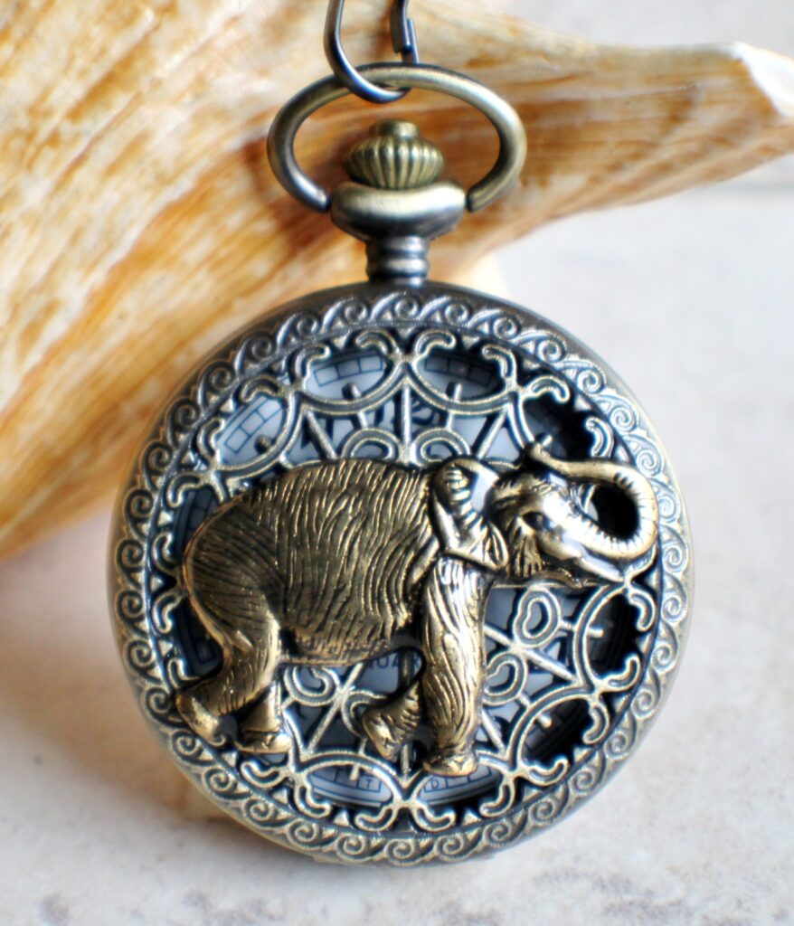 Elephant pocket watch, Men's elephant pocket watch with tiger eye beads adorning chain