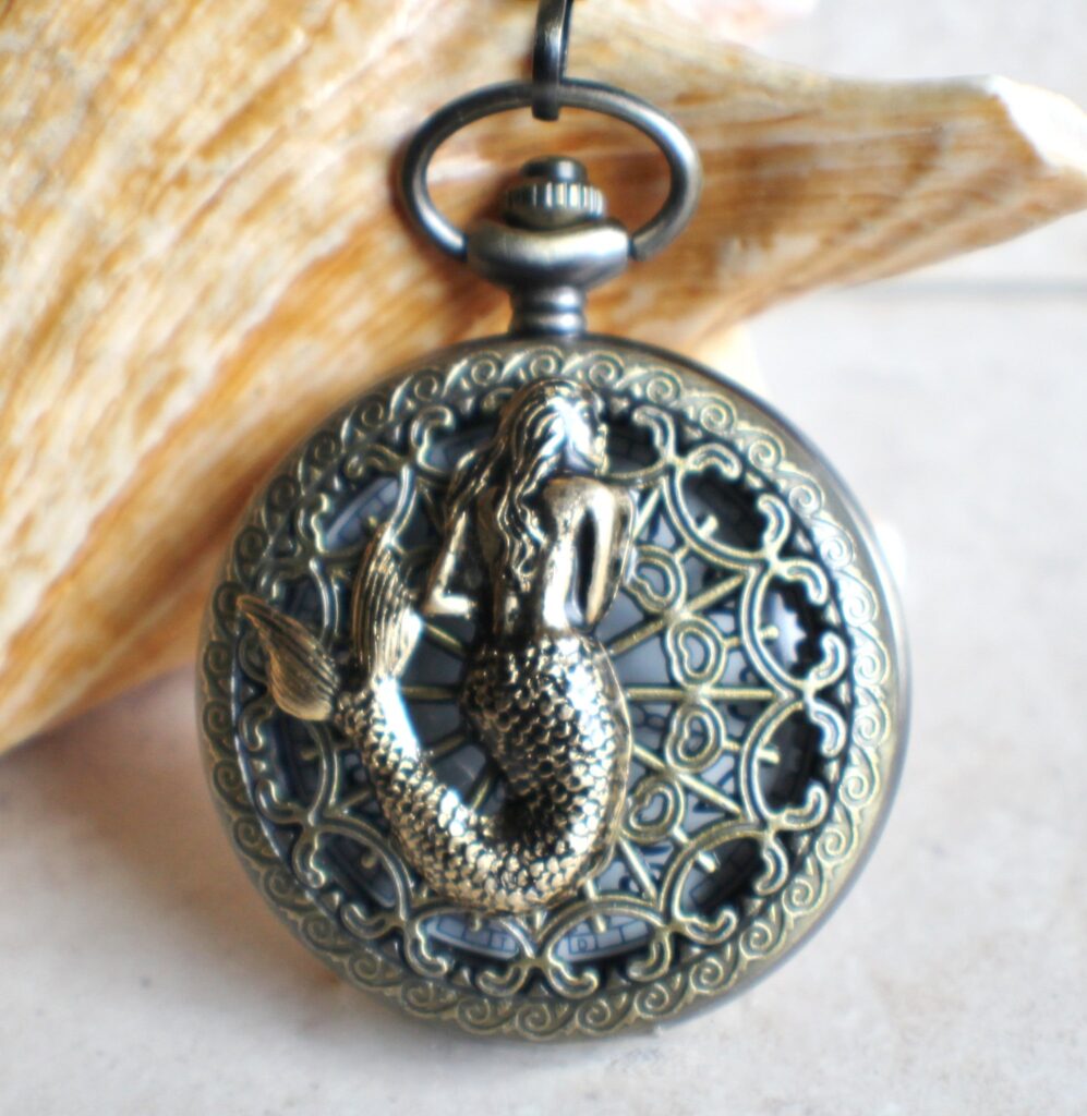 Mermaid pocket watch, mens pocket watch with mermaid mounted on front case