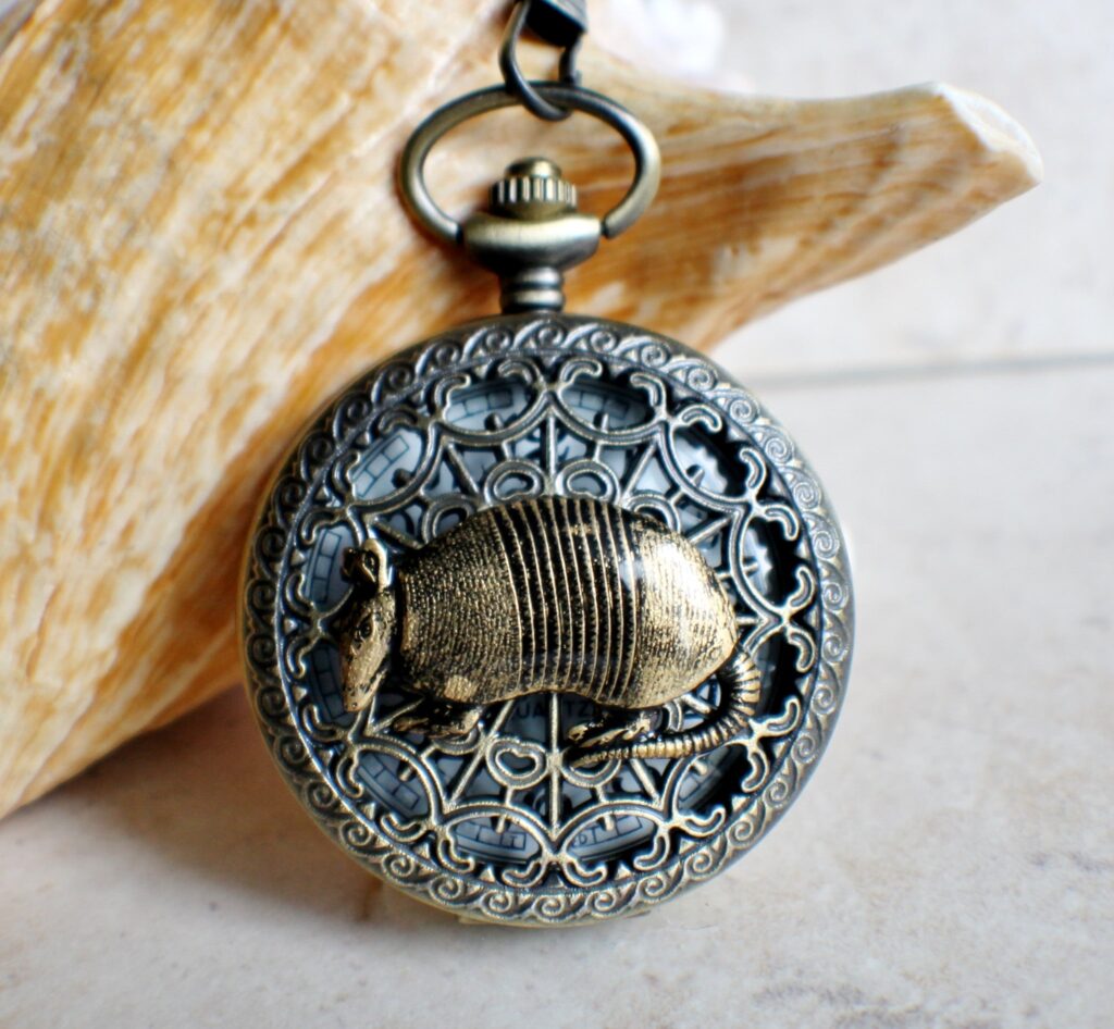 Armadillo pocket watch, mens pocket watch with armadillo mounted on front case