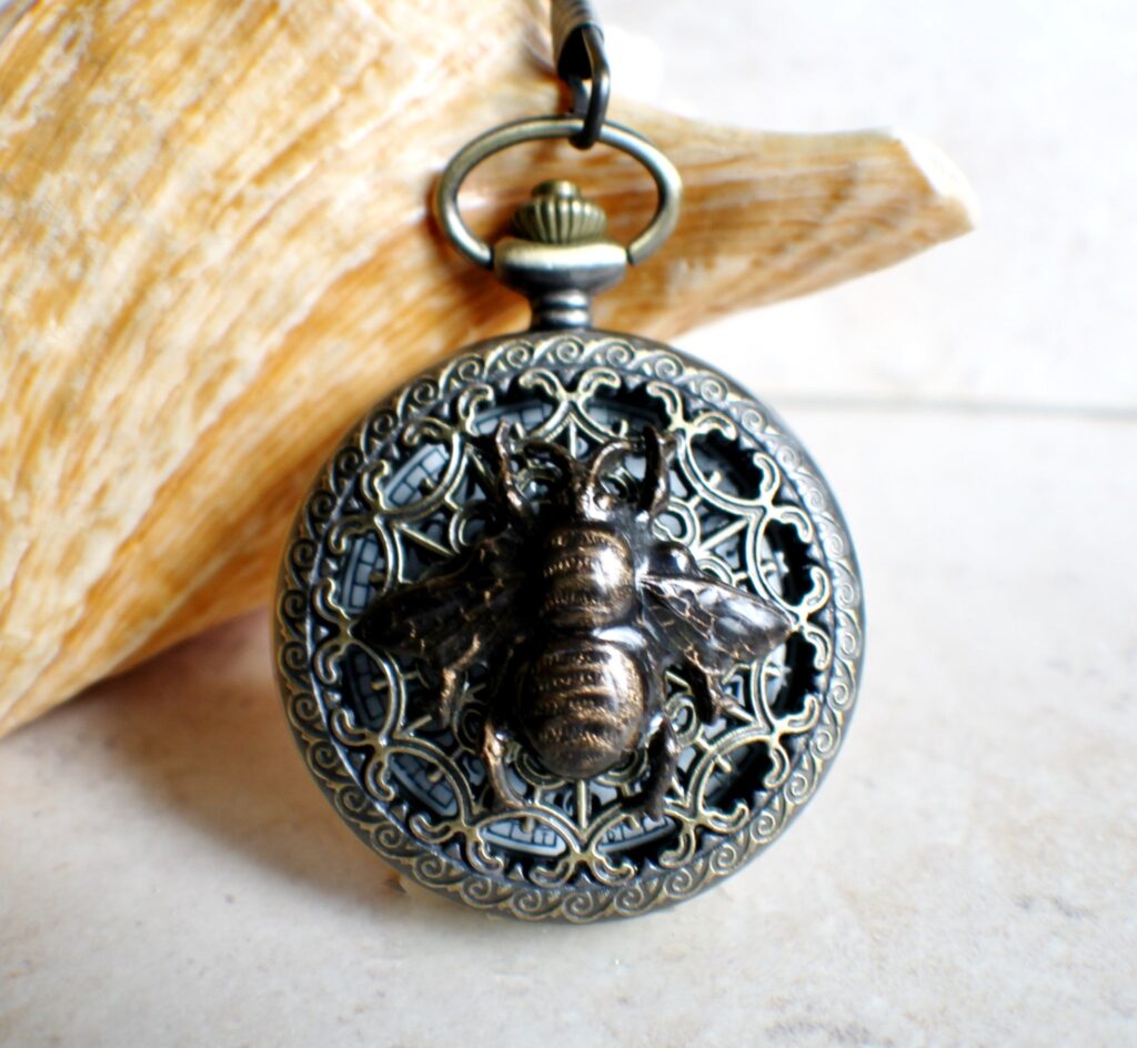 Bumble bee pocket watch, men's bumble bee pocket watch with tiger eye beads on watch chain