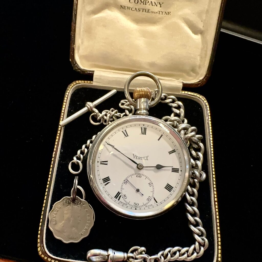 ENGLISH STERLING SILVER VERTEX POCKET WATCH & CHAIN