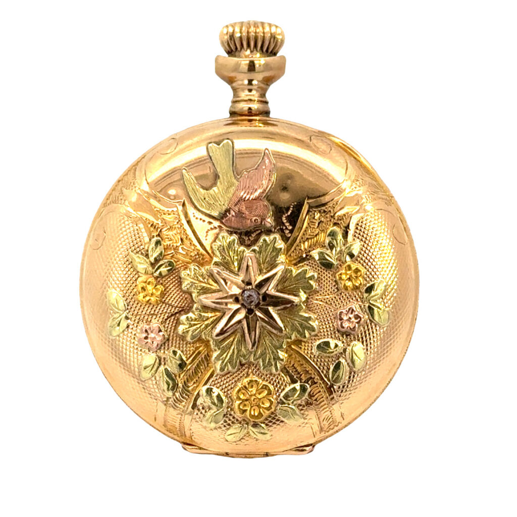 Antique Elgin 14K Yellow Gold Pocket Watch ?C Multicolor Floral & Bird Case ?C Victorian Era