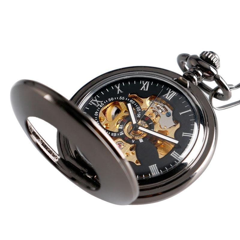 Black Automatic Vintage Half Hunter Pocket Watch - Black belt