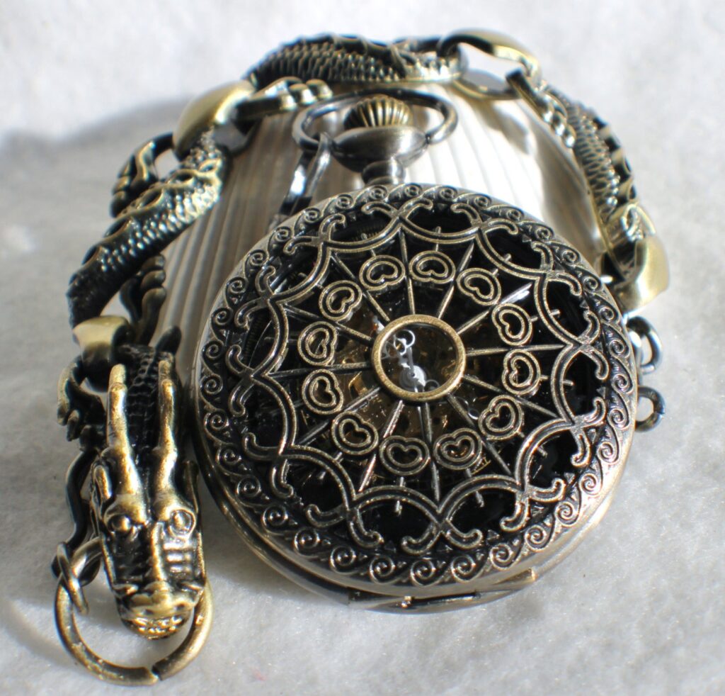 Bronze dragon pocket watch, men's mechanical pocket watch with dragon watch fob.